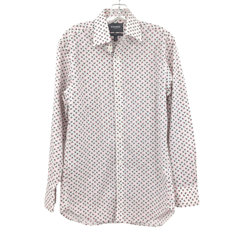 Bonobos Stretch Slim Fit Rose Print Button Down Shirt White Pink Mens 15 33